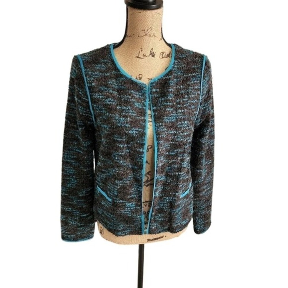 WILLOW & Clay Textured Knit Blazer Gray & Blue Trim Versatile Career Jacket wool